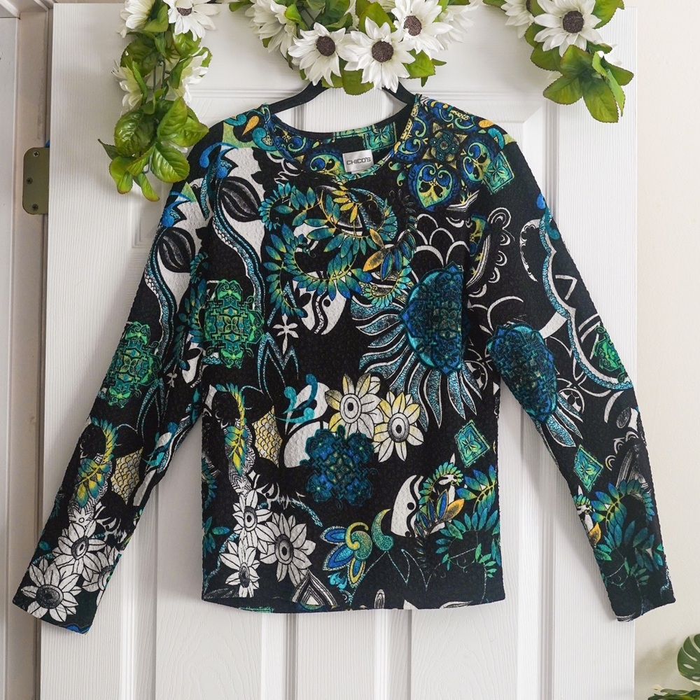 Chico’s Black Floral Print Long-Sleeve Top Textured Stretchy Womens L Boho Artsy